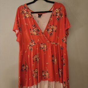 Torrid Coral Floral V-Neck Blouse